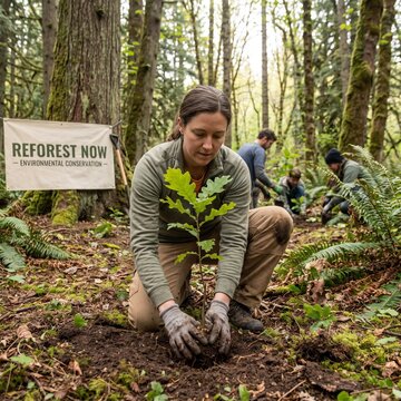 Environmental conservation volunteers planting oak saplings, reforestation project in green forest, community tree planting initiative