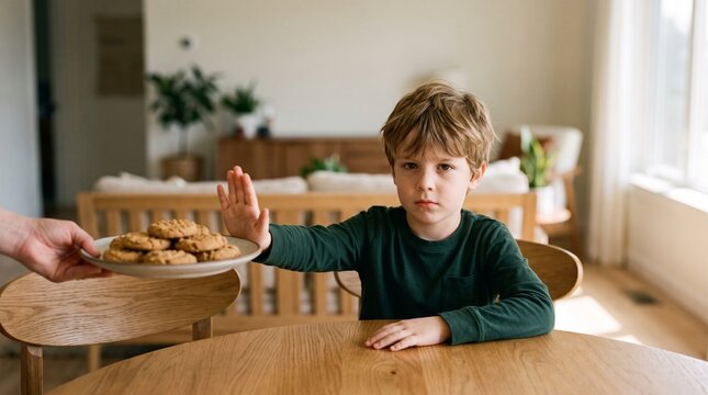 Young boy refusing plate of cookies with hand stop gesture at home table