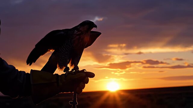 Silhouette of a falcon perched on a gloved hand against a vibrant sunset sky, falconry tradition