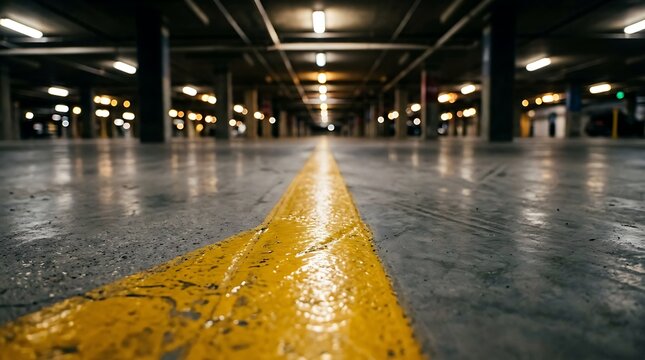 Empty parking garage interior with bright overhead lights and wet yellow floor marking lines in a modern city