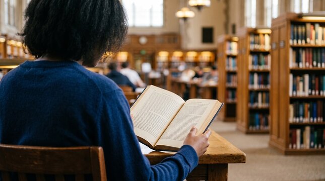 African American woman student reading book at desk in historic library.