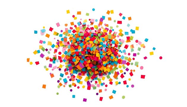 Vibrant Multicolored Confetti Scattered on Clean White Background, Colorful Celebration Pattern with Red Orange Yellow Blue Green and Purple Party Pieces