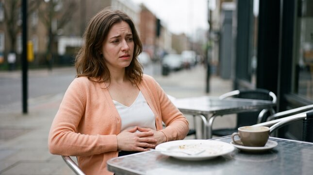 Young woman holding her stomach in pain at outdoor cafe.