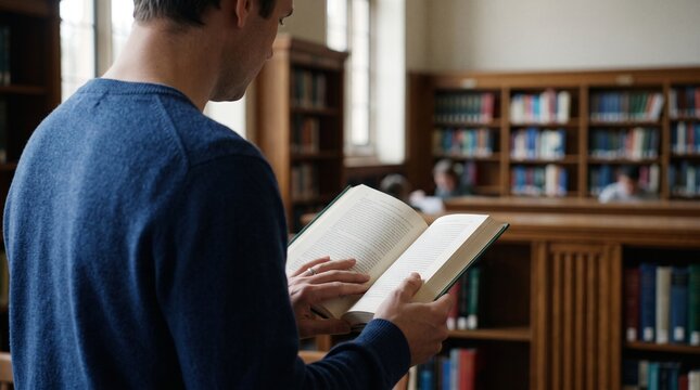 Male student holding and reading book in classic university library.