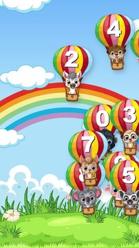 Cartoon Animals in Numbered Hot Air Balloons Floating Over Rainbow Landscape