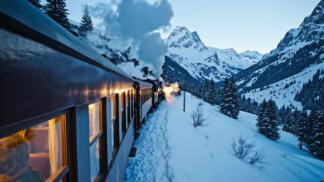 Vintage steam train traveling through a snowy mountain valley at dusk, emitting steam, with illuminated windows