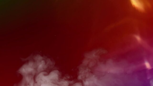 Abstract red background featuring soft white smoke clouds and glowing golden light leak effects with background filled swirling