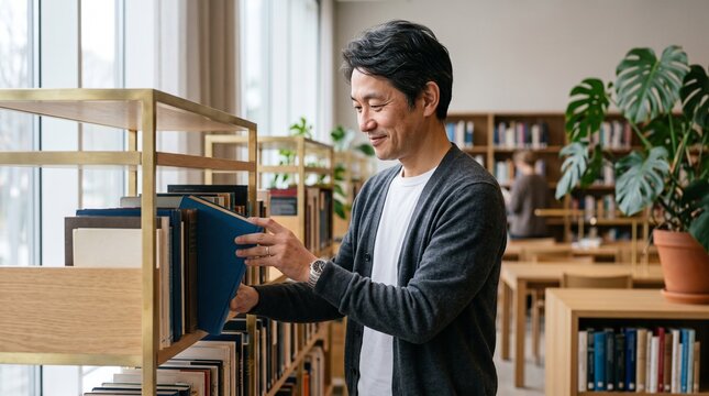 Mature Asian man smiling while choosing a book from a shelf in a modern library.