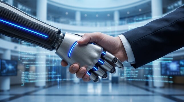Futuristic robotic handshake with businessman. Humanoid robot arm shaking hands with human in corporate office. AI partnership and technology concept.