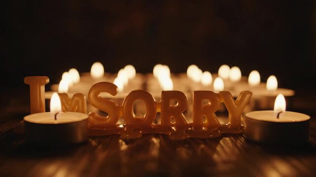 The words I am sorry written in wax letters surrounded by glowing tea light candles.