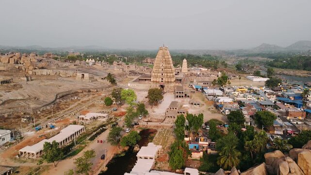 Aerial view of virupaksha temple in hampi, a unesco world heritage site in karnataka, india, showcasing ancient hindu architecture