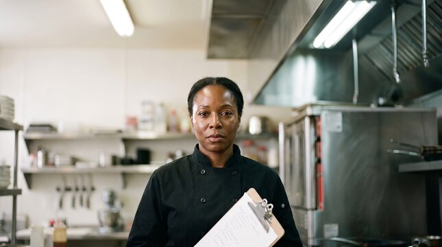 African American female chef holding clipboard in commercial kitchen.
