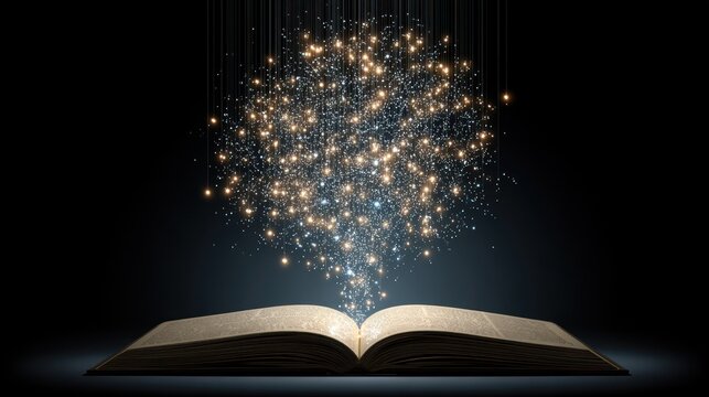 Abstract composition of floating letters formed from golden light emerging above an open book with a dark background