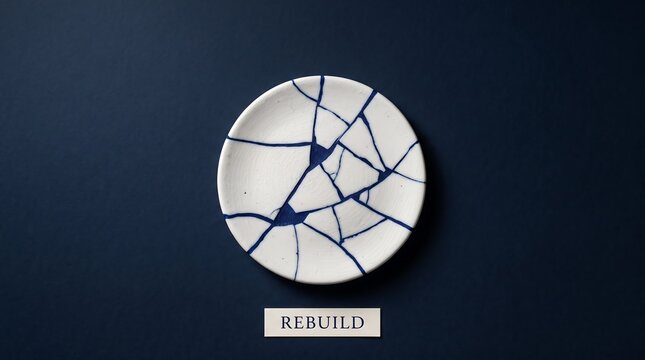 Broken white ceramic plate put together on dark blue surface