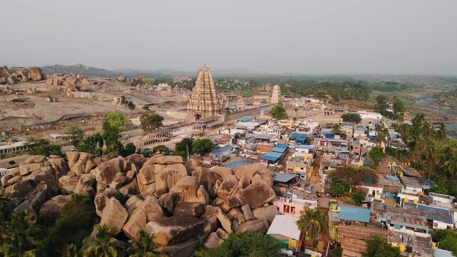 Aerial view of virupaksha temple in hampi, a unesco world heritage site in karnataka, india, showcasing ancient ruins