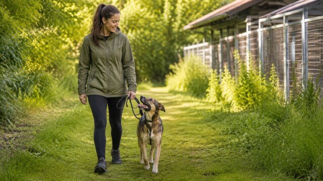 Female animal volunteer walking a brown dog on a grassy path beside a fenced area with trees and greenery in the background during daylight