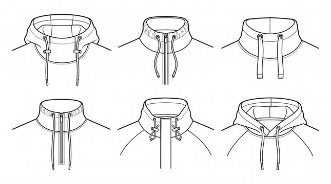 Fashion technical sketches of various hoodie and jacket collar styles with drawstrings