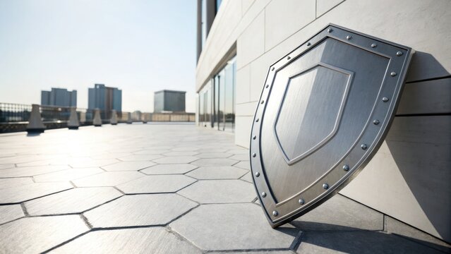 Metal Hexagonal Shield Rests Against Modern Building Facade