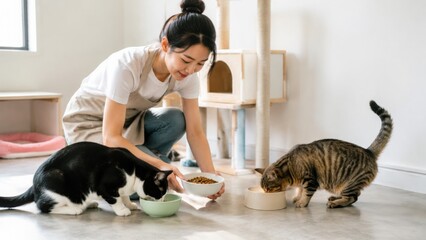 Fototapeta na wymiar Female animal volunteer feeding two cats in a bright indoor space with cat furniture and bowls, showcasing a caring interaction with pets