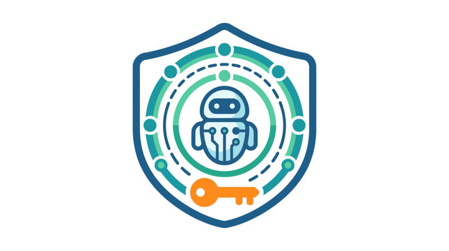 Shield protection emblem with robot avatar and security key. Modern internet safety and artificial intelligence isolation on white background. Vector icon for cyber defense.
