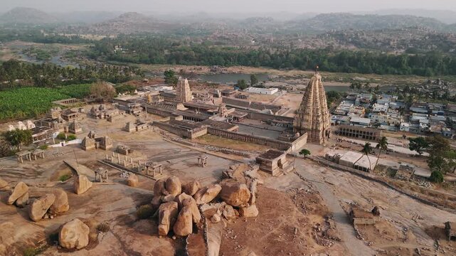Aerial view of virupaksha temple and hampi bazaar in karnataka, india, a unesco world heritage site