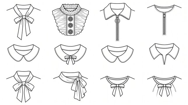 Set of Fashion Technical Drawings for Various Women's Necklines and Collars