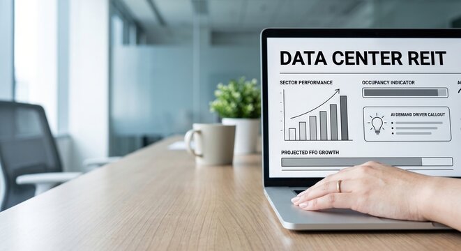 Investor analyzing Data Center REIT performance dashboard on laptop screen for commercial real estate investment