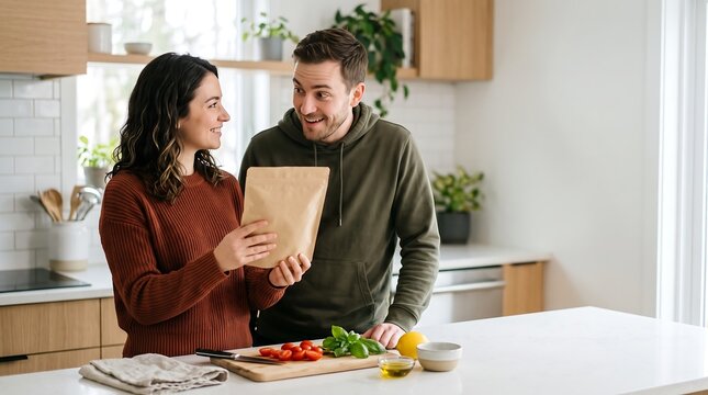 Happy Young Couple Preparing Food Together in Modern Kitchen