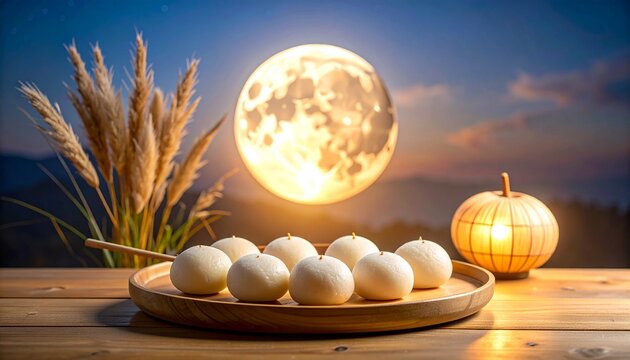 夕暮れの満月とすすき提灯を背景に並ぶ月見団子