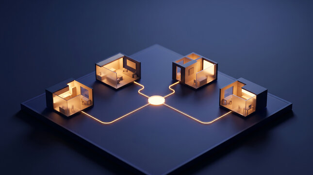 Isometric smart home network connected with glowing light