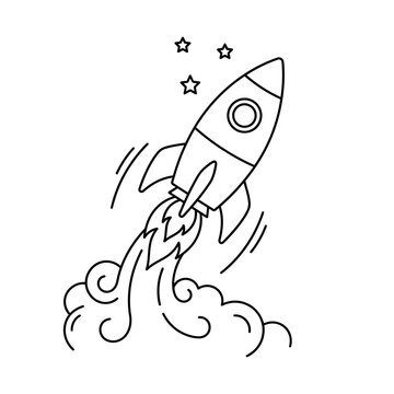 Cartoon rocket blasting off with fire and smoke, stars above