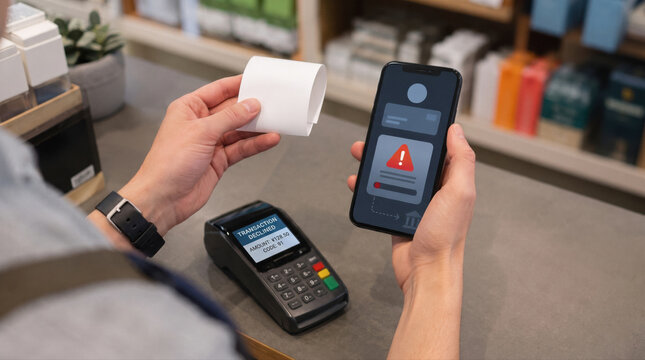 Customer holding declined paper receipt and smartphone with transaction alert at POS terminal