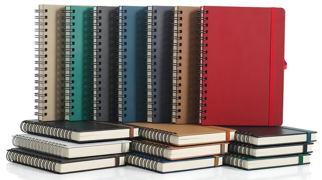 A collection of colorful spiral notebooks and journals stacked neatly on a white background for office and stationery supplies