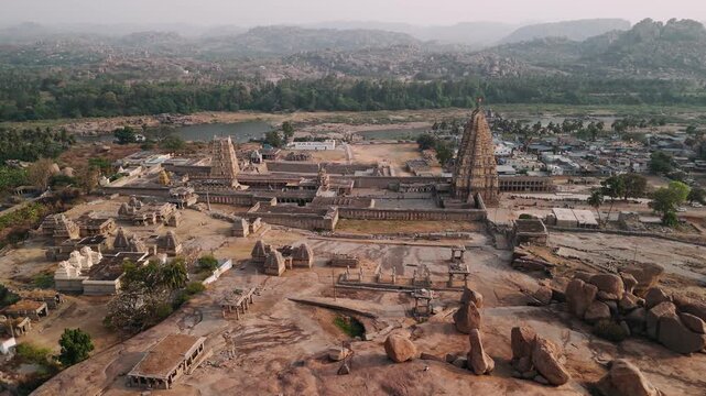 Aerial view of the ancient virupaksha temple in hampi, india, a unesco world heritage site