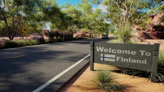 Welcome to Finland road sign in desert landscape, sunny outback highway with green trees, arid canyon road trip scenery