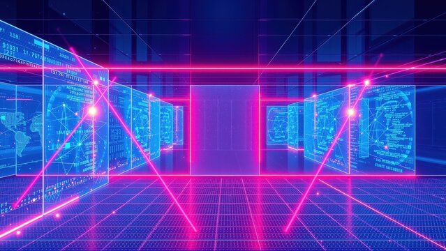 Neon grid extends into darkness. Digital displays show data, world maps, complex networks. Futuristic, vibrant perspective.