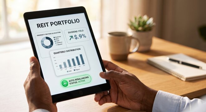 Investor holding tablet displaying REIT portfolio tracking dashboard with dividend yield graphics