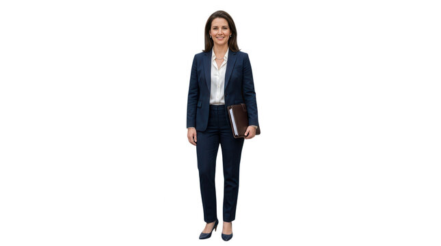 Smiling young businesswoman in a blue suit standing and holding a folder isolated on transparent background