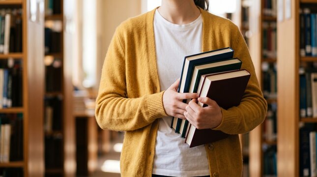 Young female student holding a stack of books in a college library.