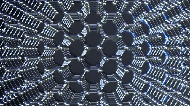 Graphene Conductivity Stack loop Horizontal Chrome. This nano technology 3D animation represents engineering at the molecular level.