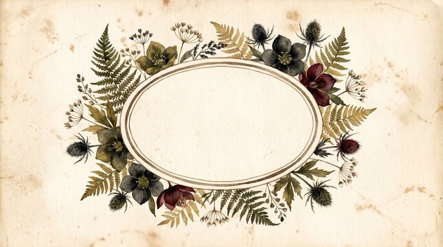 Vintage botanical oval frame, antique floral border with ferns and wildflowers, rustic nature-inspired design element, aged paper texture background for invitations and labels.