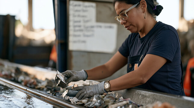 A recycling sorter stands in a rain soaked sorting yard, close up on her hands separating plastic from metal with practiced efficiency, water pooling on the conveyor surface, a