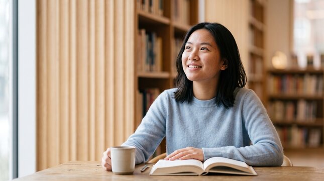 Asian student smiling while reading open book in modern library.