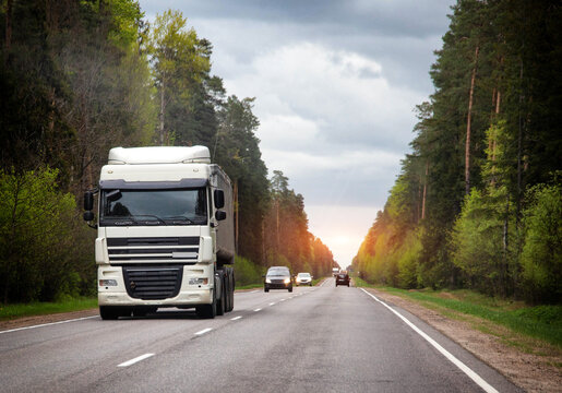 Big white freight truck with trailer on asphalt road through dense forest, commercial logistics and long-distance cargo delivery