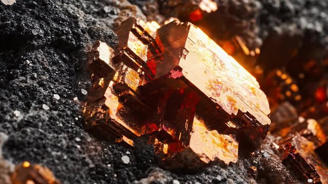 Macro shot of glittering golden-brown crystals growing on a dark, rough mineral surface, abstract background