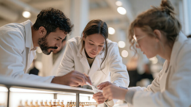 Pharmacy compounding team in warm indoor lighting preparing a custom pet medication formulation, multicultural group of three technicians in lab coats measuring precise doses at a