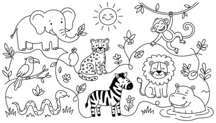 Obraz premium Cute Jungle Animals Coloring Page Vector Sheet Featuring Cartoon Elephant Monkey Lion Zebra Leopard Hippopotamus Parrot And Snake In Tropical Forest