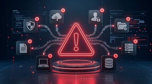 Cyber security data breach concept featuring glowing red alert triangle and compromised network infrastructure on a futuristic interface