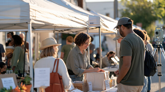Palm reader works a crowded street fair with a diverse team of alternative wellness practitioners nearby, clients lined up as a surveyor's total station tripod stands visible at