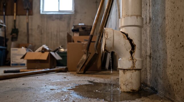 A close-up view of a severely cracked white PVC drain pipe leaking water onto a concrete basement floor, indicating plumbing damage and a need for repair.